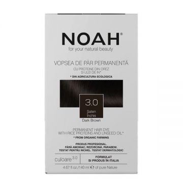 Vopsea de Par Permanenta fara Amoniac cu Proteine din Orez si Ulei de In - Noah, nuanta 3.0 Saten Inchis, 140 ml