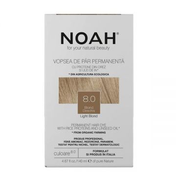 Vopsea de Par Permanenta fara Amoniac cu Proteine din Orez si Ulei de In - Noah, nuanta 8.0 Blond Deschis, 140 ml