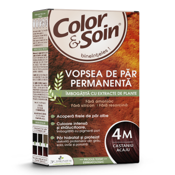 Vopsea de par fara amoniac, fara silicon, castaniu acaju, 4M, Color&Soin