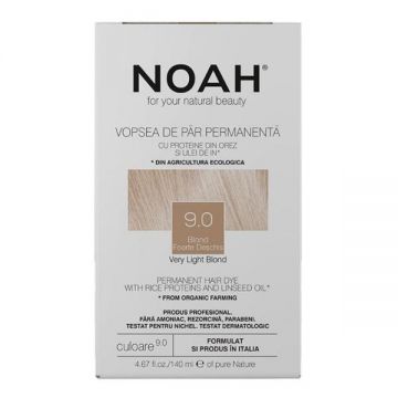 Vopsea de Par Permanenta fara Amoniac cu Proteine din Orez si Ulei de In - Noah, nuanta 9.0 Blond Foarte Deschis, 140 ml