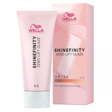 Vopsea translucida demipermanenta - Wella Professionals Shinefinity Zero Lift Glaze, nuanta 08/34 Spicy Ginger (blond deschis auriu roscat), 60 ml