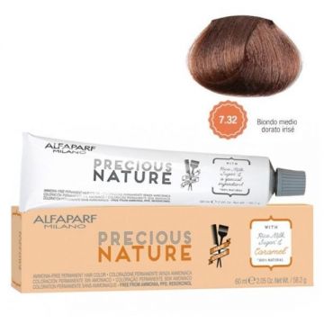 Vopsea Permanenta Fara Amoniac Alfaparf Milano Precious Nature (Concentratie: Vopsea permanenta, Gramaj: 60 ml, Culoare vopsea: 7.32 Biondo Medio Dorato Irise)